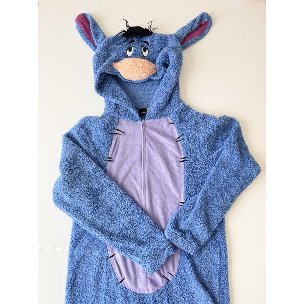 Disney Eeyore Adult Plush Fleece One Piece Costume Pajamas W/ Hood & Zipper Sz L